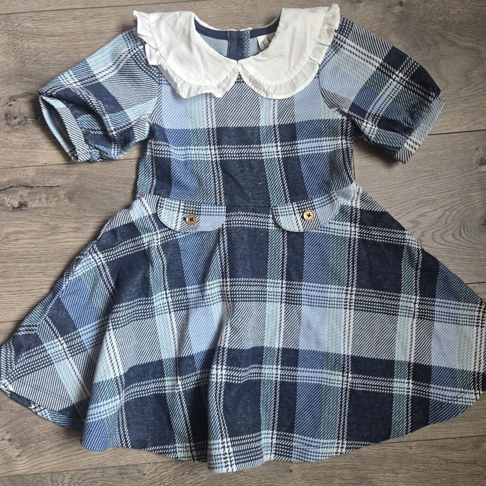Janie and Jack Girls 3 3T Blue Plaid Tartan Peter Pan Collar Preppy Knit Dress